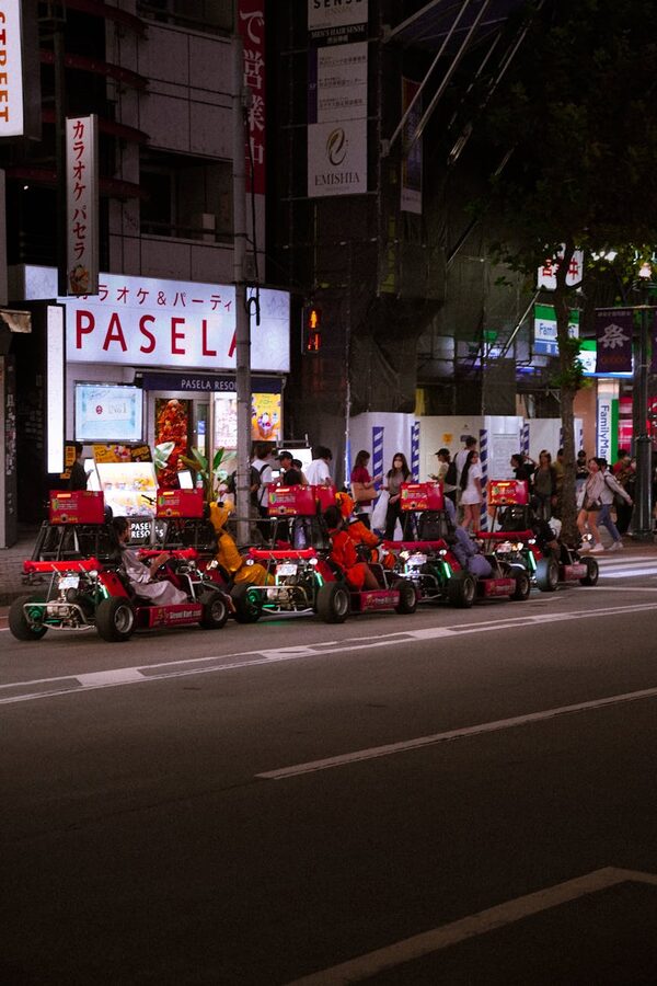 Go-karts lined up on Shibuya street at night Tokyo
