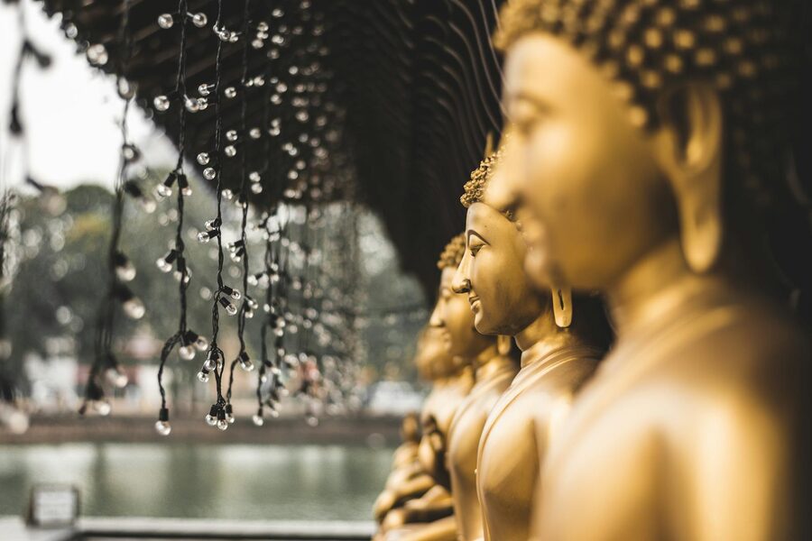 Row of golden Buddha statues lit with string lights at Gangaramaya Temple in Colombo