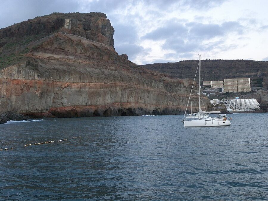 Volcanic rock cliffs at Puerto de Mogan Gran Canaria