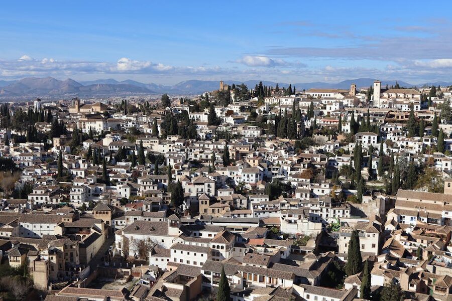 Aerial view of the Albaicin district rooftops in Granada