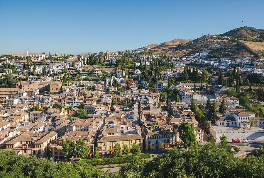View from San Nicolas Albaicin to Sacromonte and Nasrid walls Granada