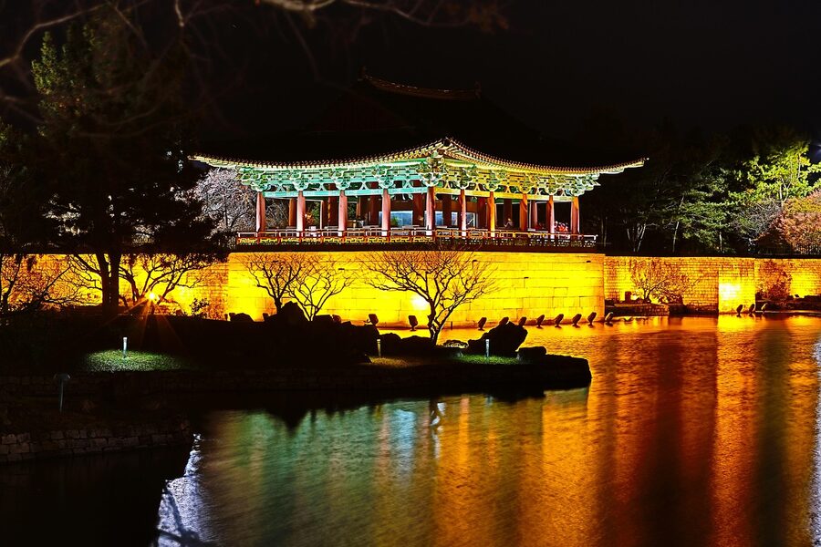 Colorful lotus lanterns at Anapji pavilion during Korean Buddhist festival Gyeongju