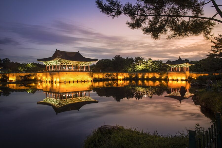 Donggung Palace reflecting in Wolji Pond at sunset Gyeongju