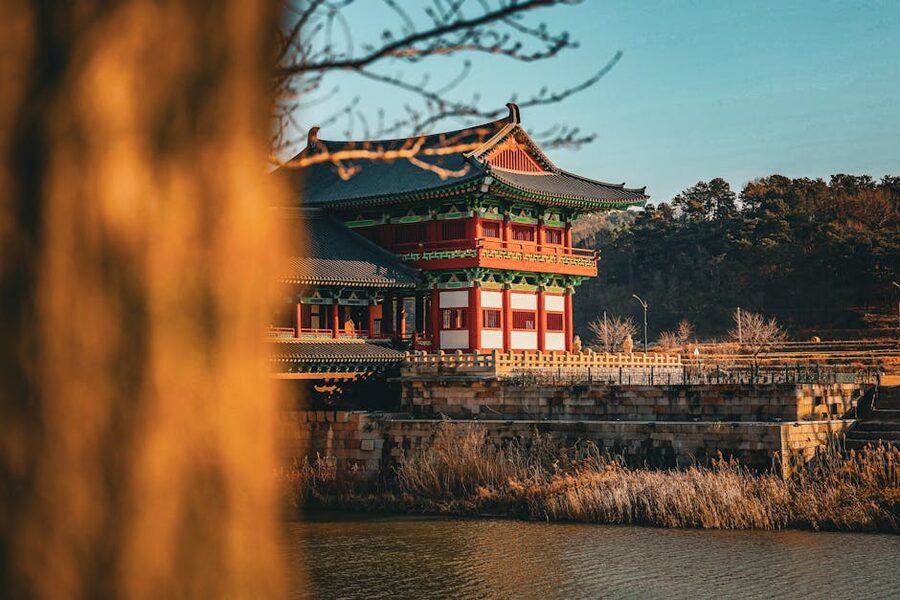 Traditional Korean wooden pavilion at sunset in Gyeongju