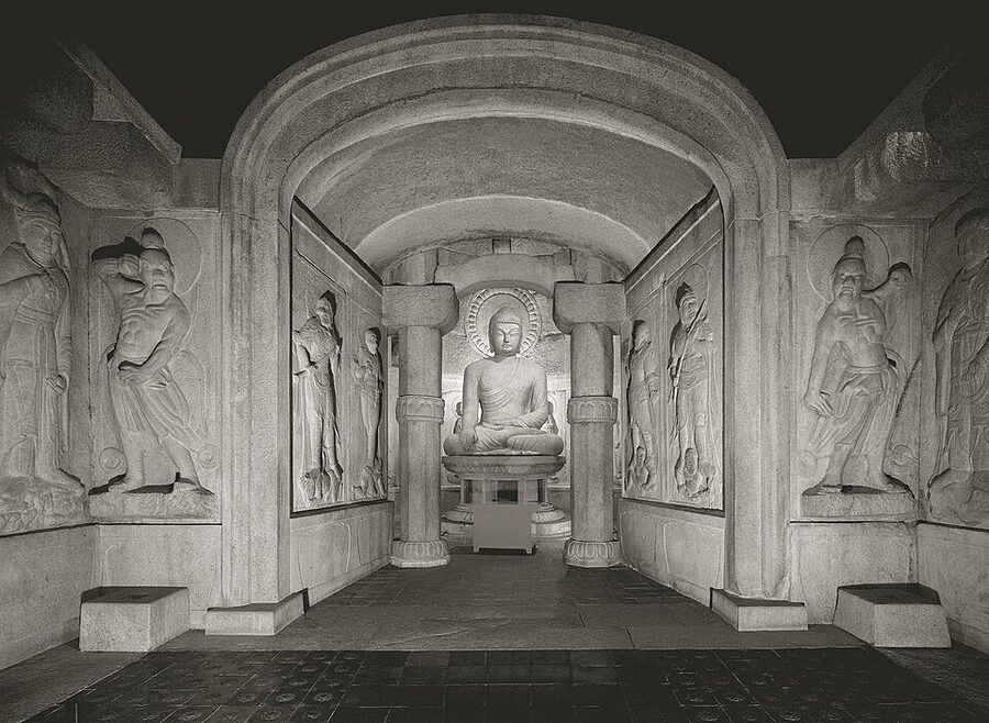 Seokguram Grotto Buddha statue viewed from the front chamber in Gyeongju