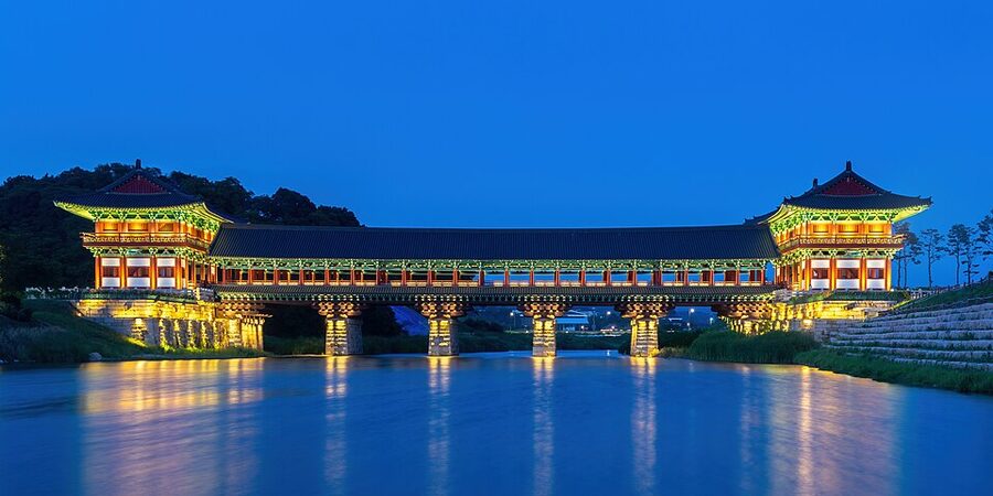 Woljeonggyo Bridge illuminated at blue hour in Gyeongju