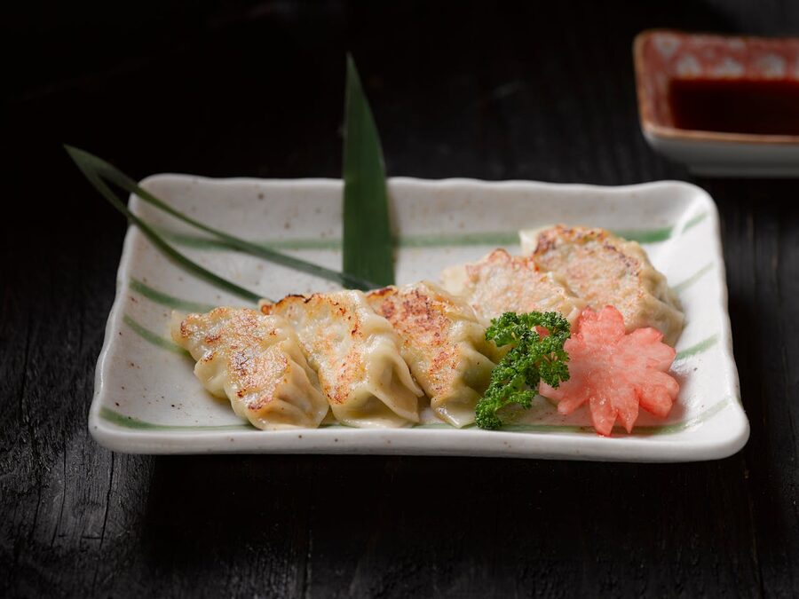 Japanese gyoza dumplings served with garnish on a ceramic plate