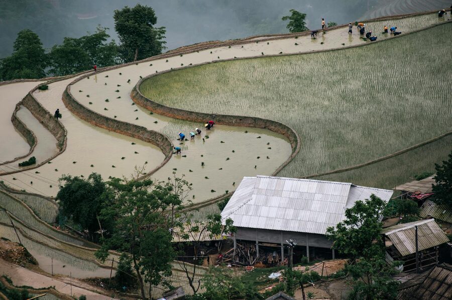 Sweeping view over a Ha Giang valley with karst mountains fading into mist
