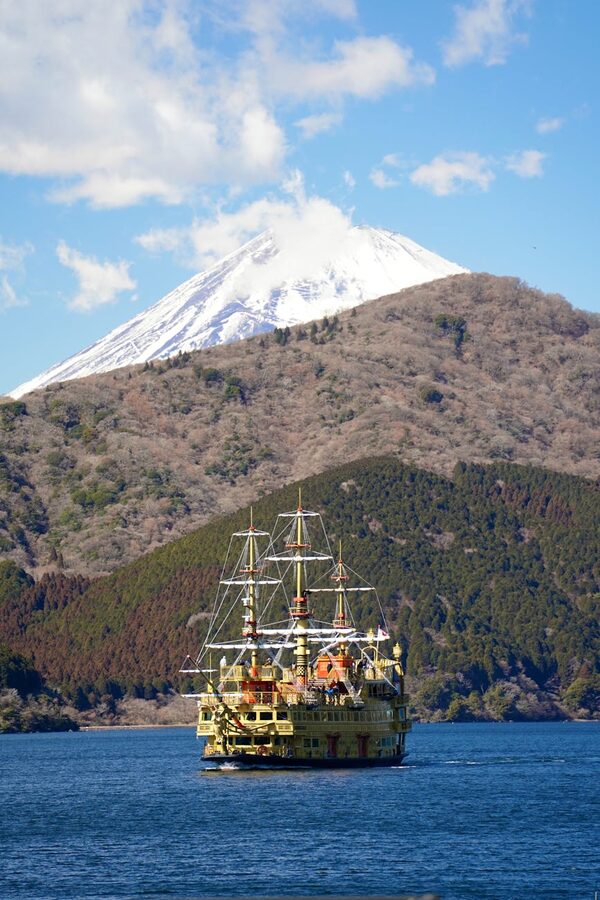 Capture of a pirate ship on Lake Ashi with Mount Fuji in the background