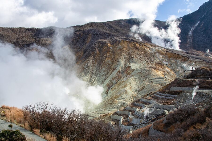 Sulphur active vents volcanic steam in Hakone area