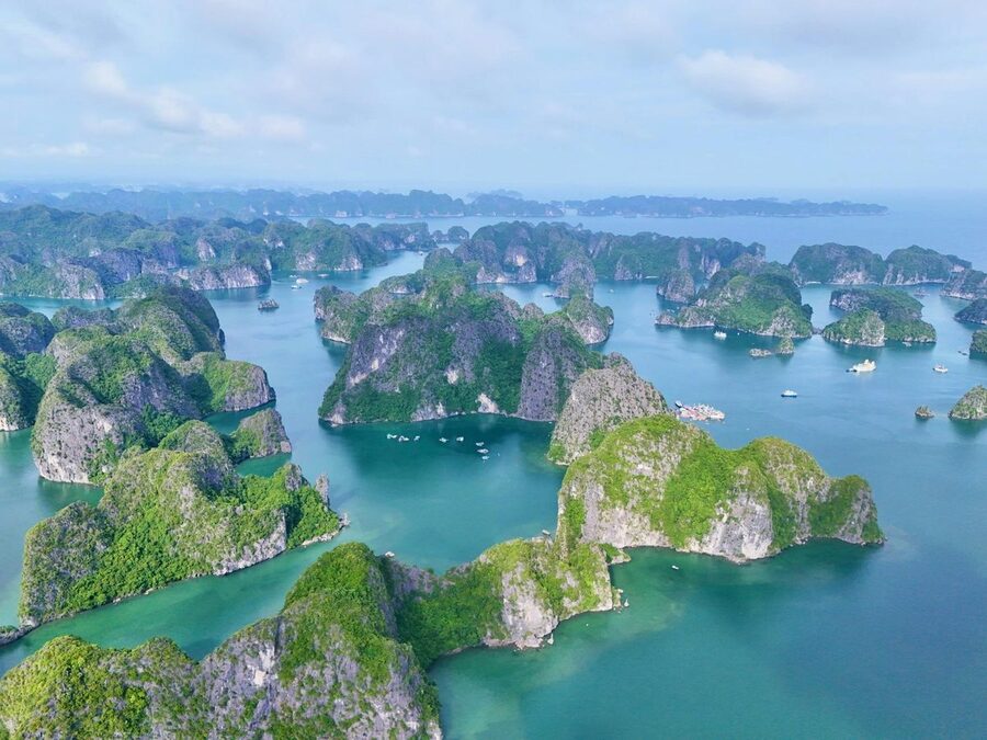 Turquoise waters and lush islands of Lan Ha Bay Vietnam