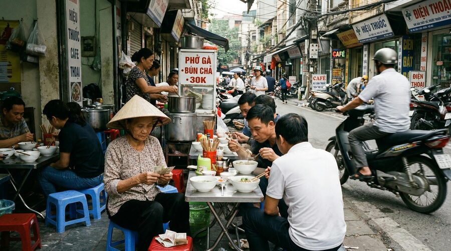 Street food scene in Hanoi Old Quarter with locals dining