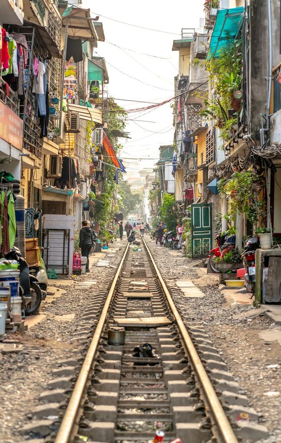 Hanoi Train Street with tracks running between buildings