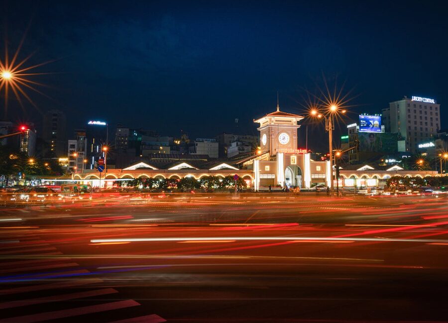 Ben Thanh Market illuminated at night in Ho Chi Minh City