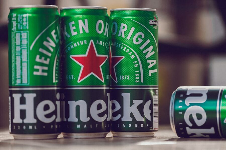 Close-up of Heineken cans