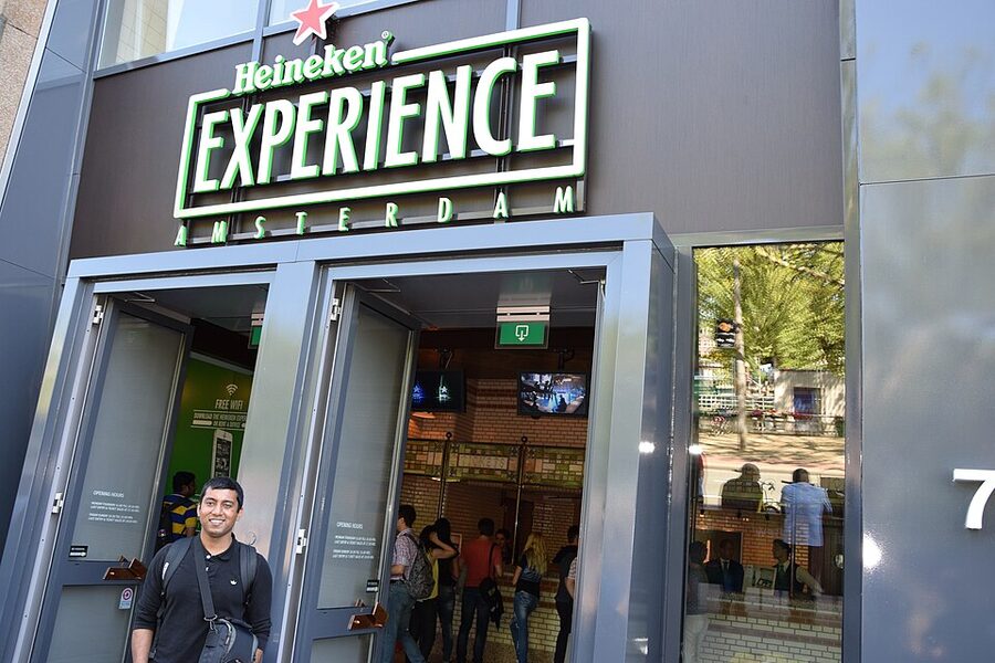 Heineken Experience tour interior with copper-coloured equipment