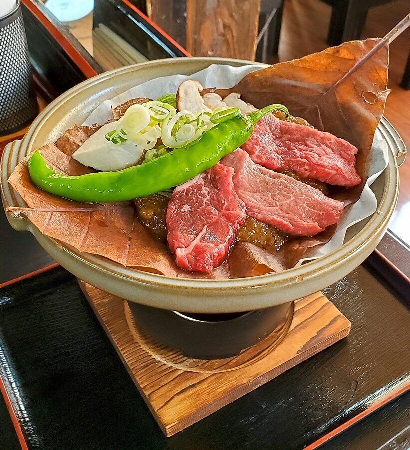 Hida beef with hoba miso on magnolia leaf