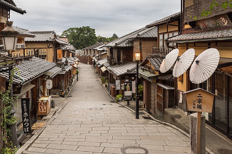 Higashiyama pedestrian road with paper umbrellas in Kyoto