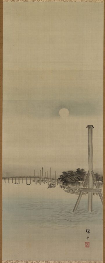 Ukiyo-e woodblock print by Ando Hiroshige depicting a night scene on the Sumida River with boats
