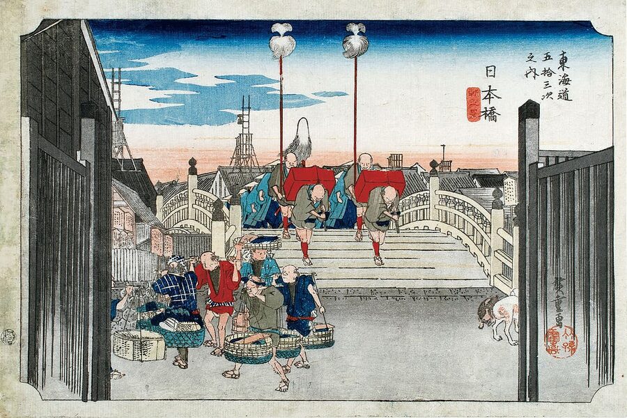 Utagawa Hiroshige ukiyo-e of Nihonbashi bridge at dawn in Edo, circa 1833