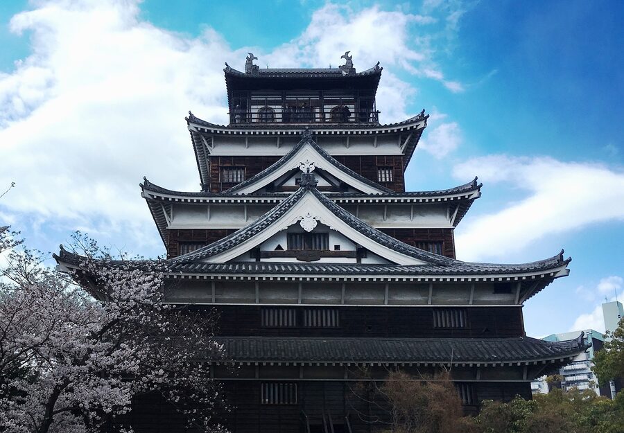 Hiroshima Castle surrounded by cherry blossoms in spring