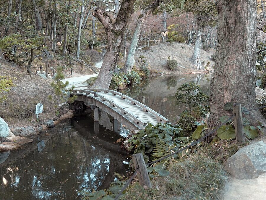 Shukkeien garden in Hiroshima with pond and traditional landscaping