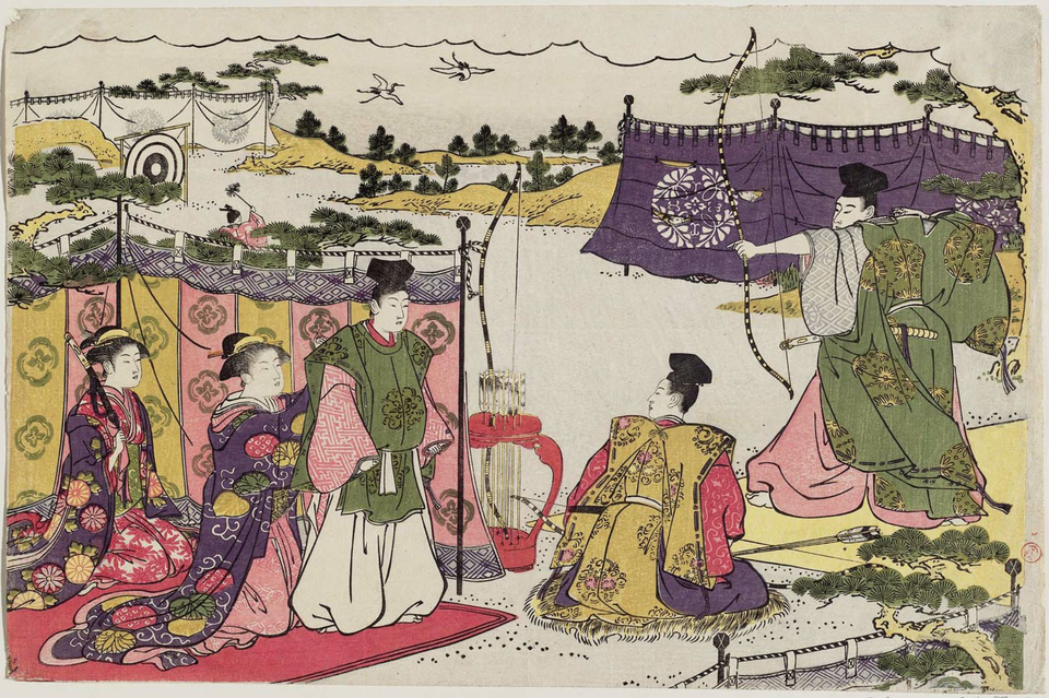 Ukiyo-e woodblock print of kyudo archery from 1787 by Torii Kiyonaga
