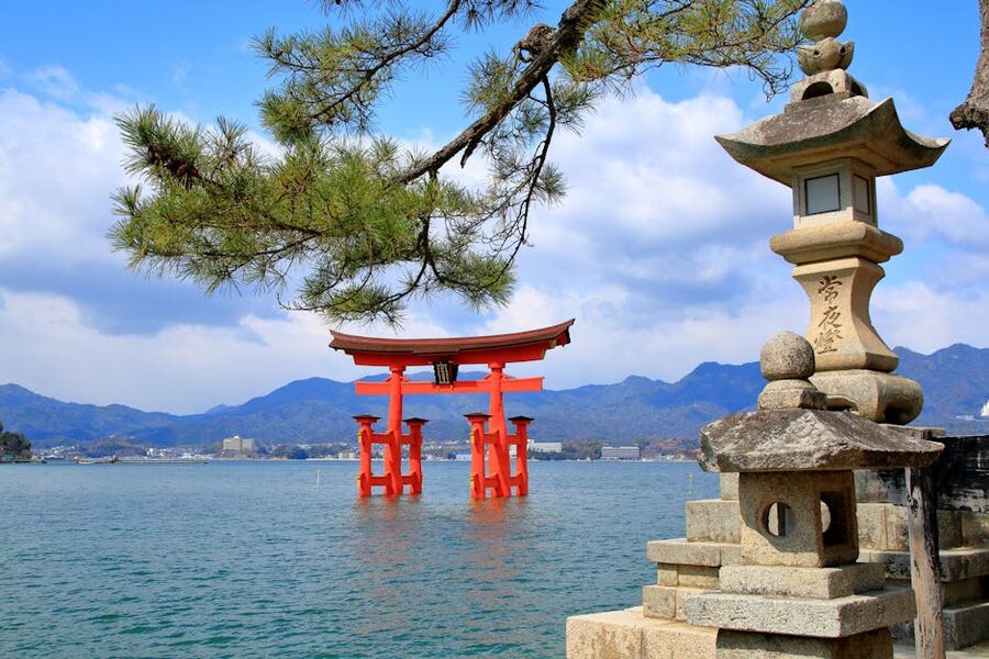 Itsukushima Shrine floating torii gate on Miyajima at high tide