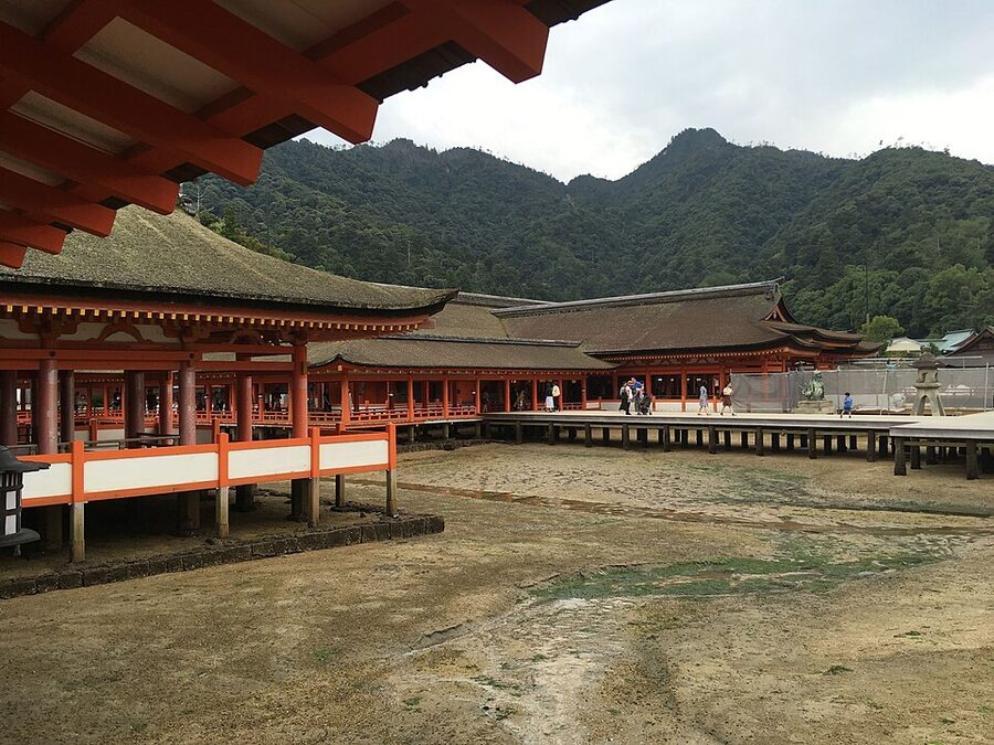 Itsukushima Shrine at low tide Miyajima with exposed seabed