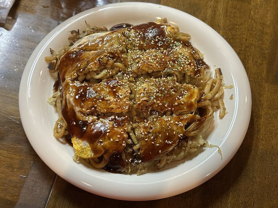 Hiroshima-style okonomiyaki with noodles