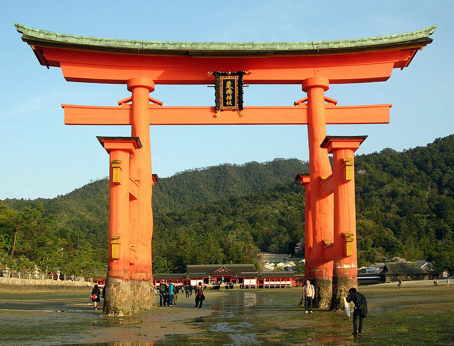 Torii and Itsukushima Shrine wide view at high tide