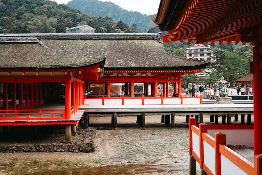Traditional red Itsukushima shrine buildings