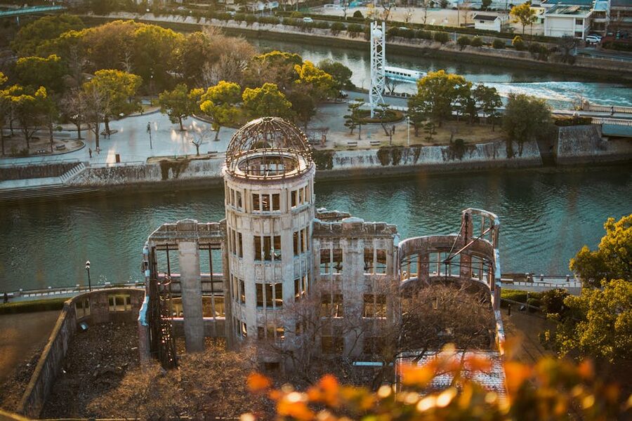 Aerial view of the Atomic Bomb Dome in Hiroshima Peace Memorial Park
