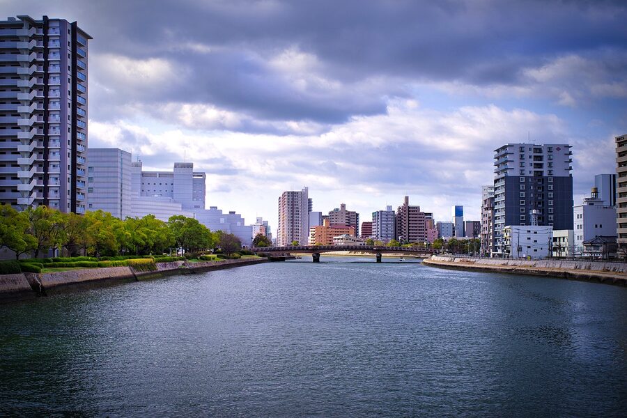 Hiroshima river and modern city skyline
