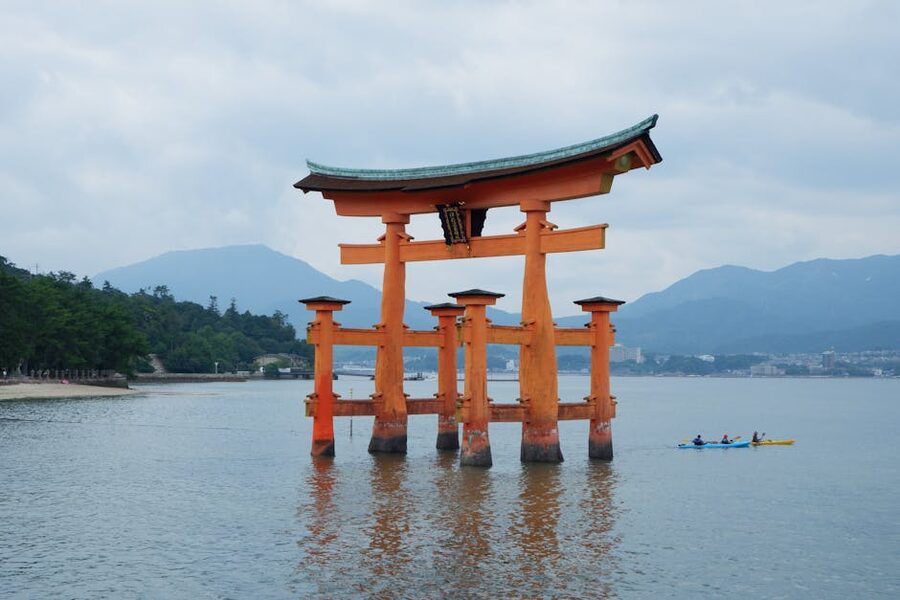 Itsukushima floating torii gate in daylight at Miyajima Island