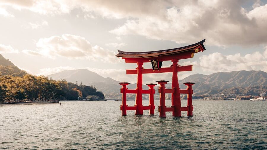 Floating torii gate at Itsukushima Shrine Miyajima at high tide
