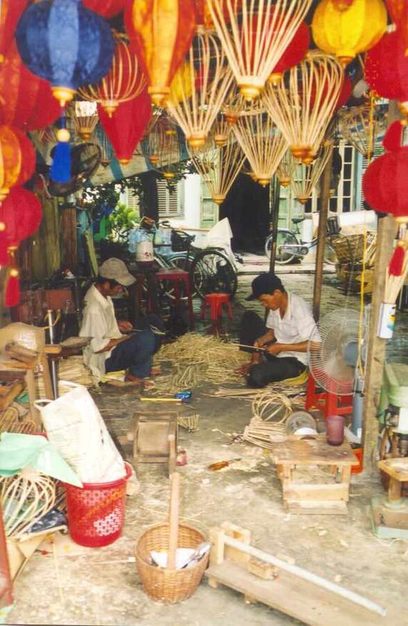 Interior of a traditional lantern shop in Hoi An with lanterns hanging from ceiling