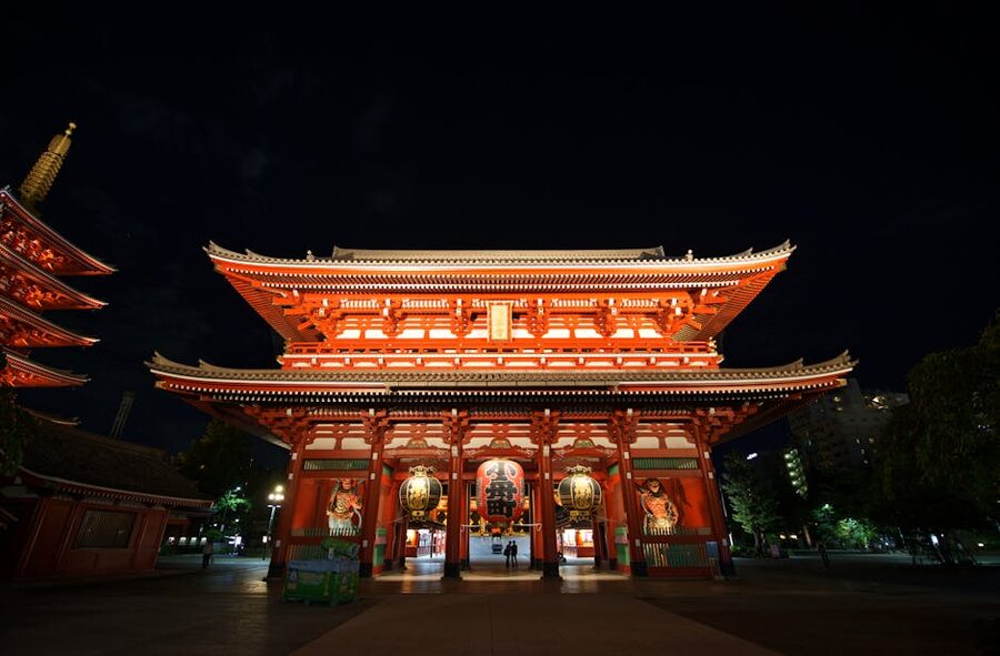 Hozomon Gate at Sensoji Temple glowing at night