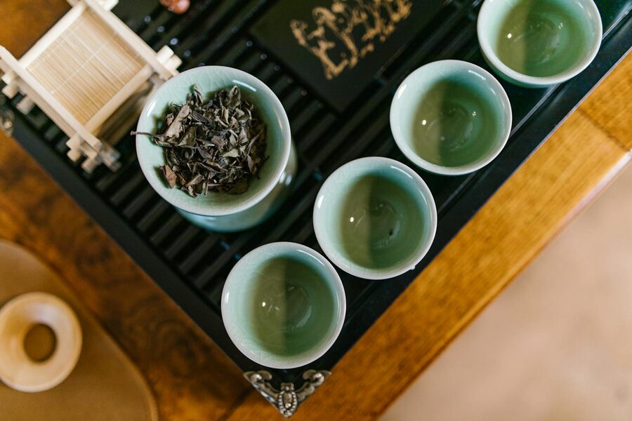Traditional Taiwanese tea set with green teacups
