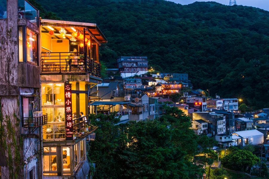 Jiufen townscape at dusk with illuminated cafes