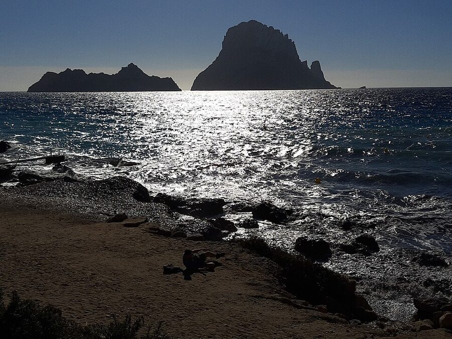 Es Vedra rock viewed from the beach at Cala d'Hort, Ibiza