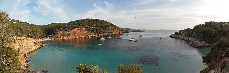 Cala Salada beach Ibiza with red soil and pine trees