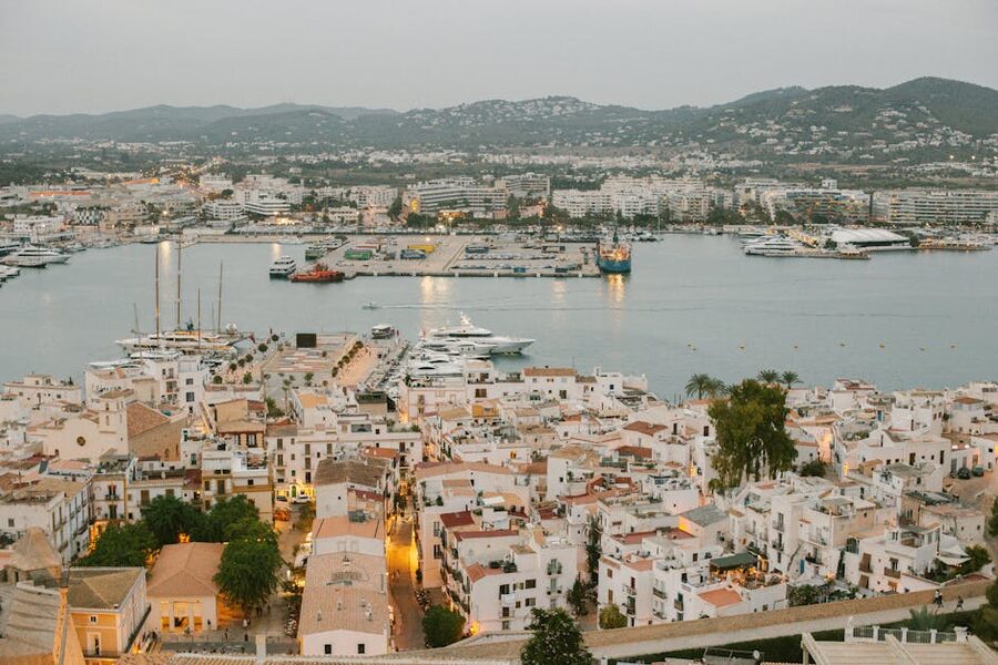 Aerial view of Ibiza port and Eivissa town with yachts
