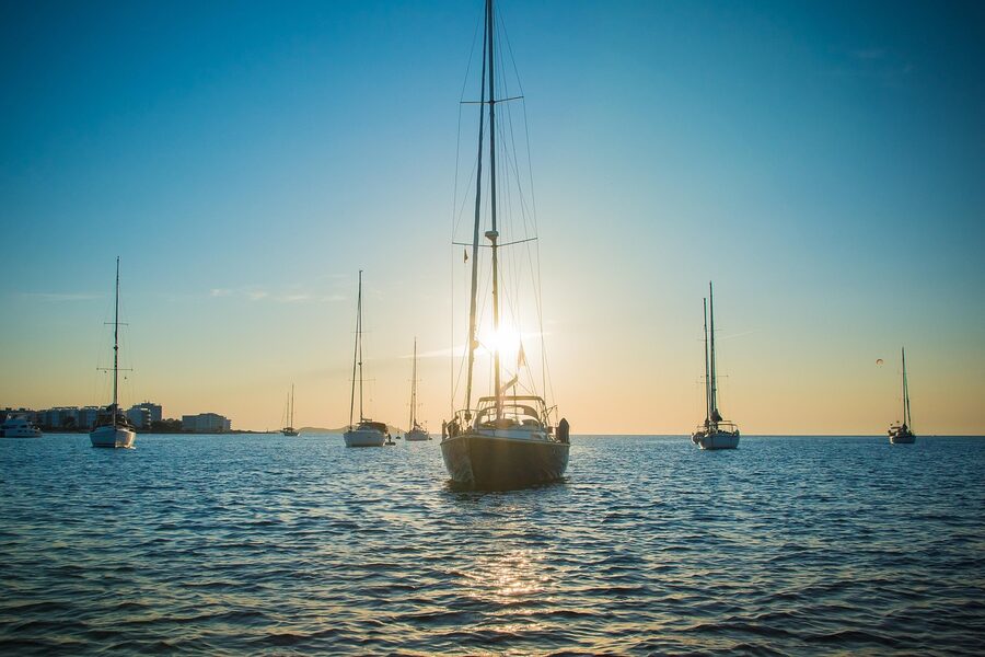Yachts at sunset on the Ibiza sea