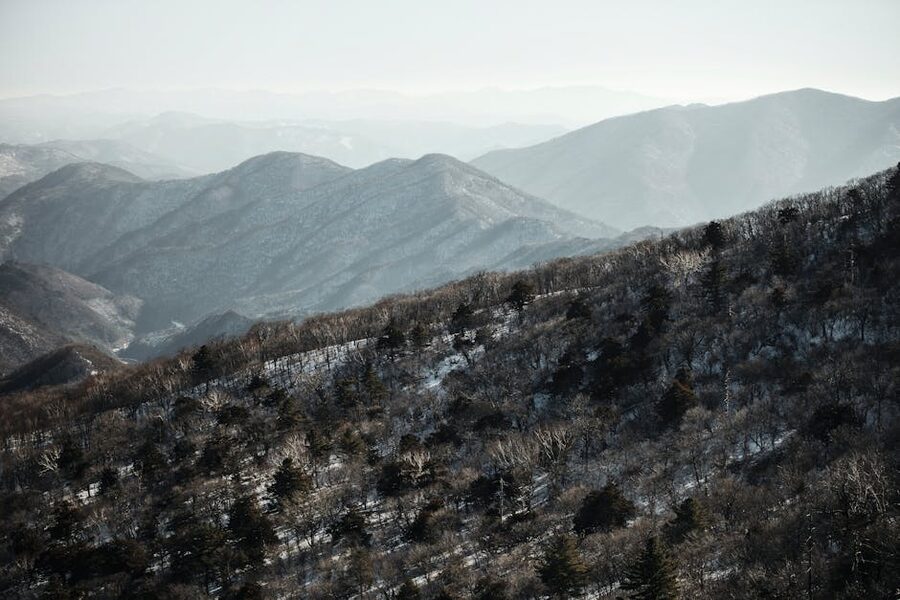 Aerial view of snow-covered hills and forests in Pyeongchang, South Korea