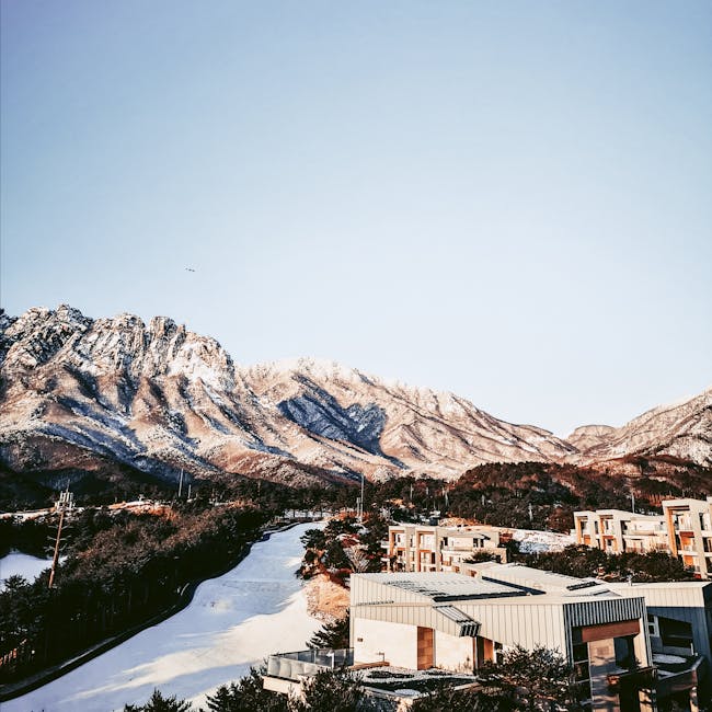 Snow-covered Seoraksan mountain landscape with modern resort architecture