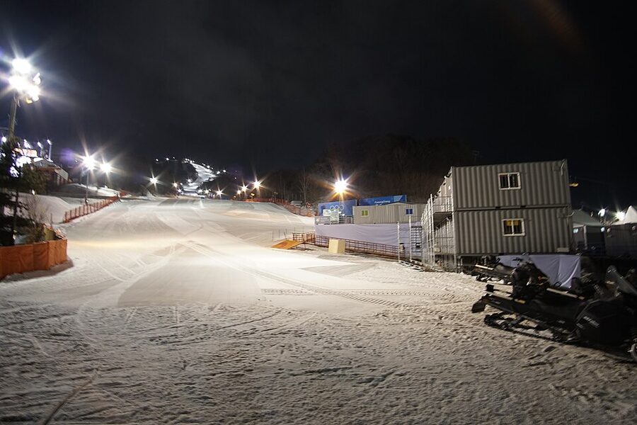 Alpensia Resort ski slope with flags during Pyeongchang 2018 Winter Olympics