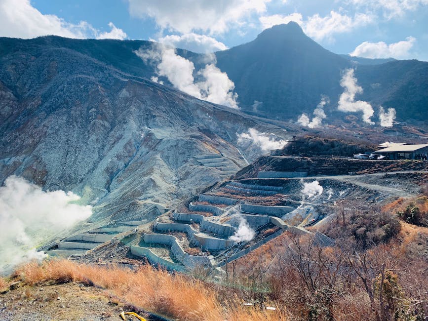 Close view of volcanic fumaroles and steam vents at Owakudani in Hakone