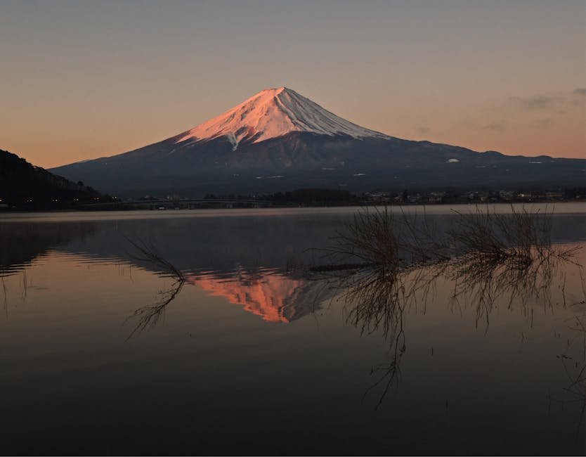 Mount Fuji at dawn with reflection on a calm lake
