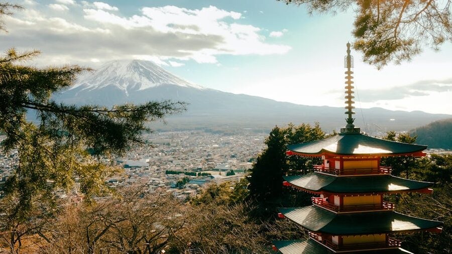 Chureito Pagoda with cherry blossoms and Mount Fuji during spring